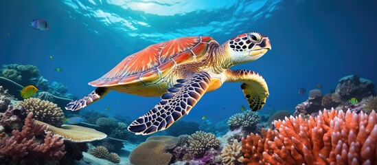 A turtle swimming among coral reefs in the ocean