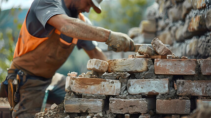 A bricklayer constructs a stone wall using wood, metal tools, and building materials like bricks and rocks