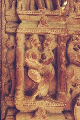 Ancient stone carvings at UNESCO World Heritage site, Khajuraho temples, Madhya Pradesh, India.