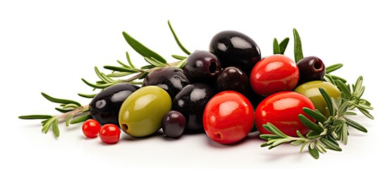 Different olives and tomatoes on table - obrazy, fototapety, plakaty