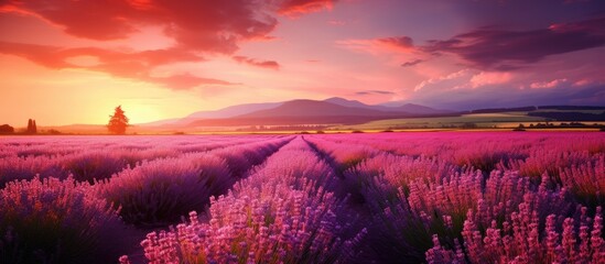 Field of lavender flowers with sunset in the background