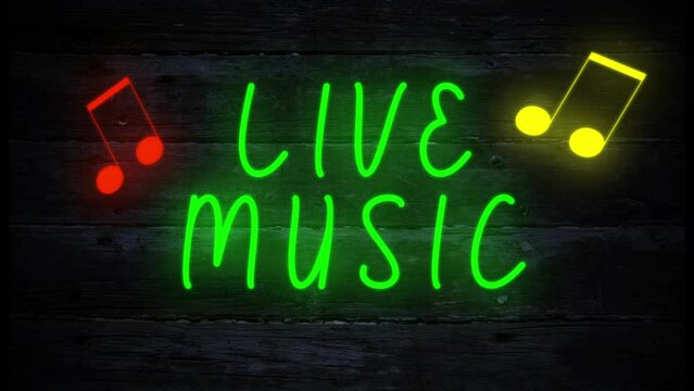 live music neon effect sign with musical notes