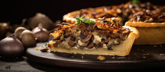 A savory mushroom pie missing a slice - obrazy, fototapety, plakaty