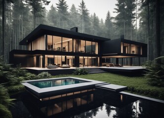 interior design of forest luxurious home, dark modern architecture house