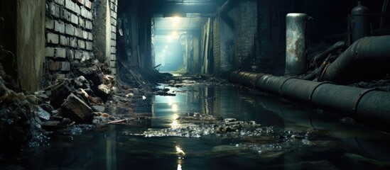 A tunnel with flowing water inside - obrazy, fototapety, plakaty