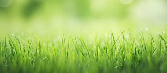 A close up of a green grass field with water droplets