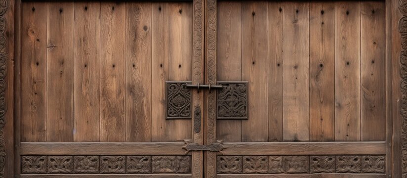 A weathered wooden door with a metal latch