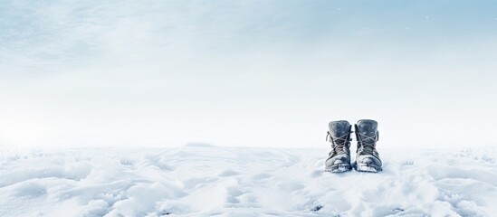 A pair of snow-covered boots in winter