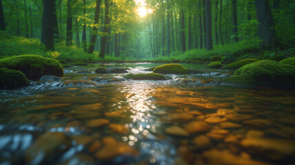 光が差し込む森に流れる川
