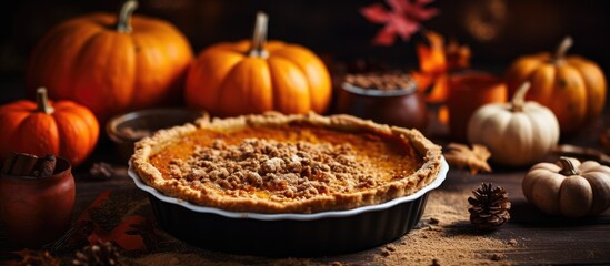 Pumpkin pie with crumb topping surrounded by pumpkins - obrazy, fototapety, plakaty