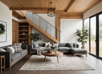 home interior design of modern living room with wooden staircase.