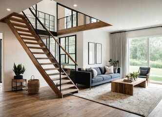 home interior design of modern living room with wooden staircase.