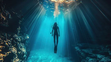 Fotobehang Underwater divers explore caves and blue water landscapes with sun rays © meta