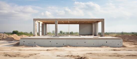 Concrete structure with wooden roof on construction site