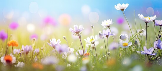 Colorful blooms in a meadow under clear sky