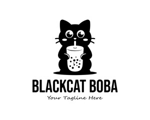 black cat boba logo vector illustration