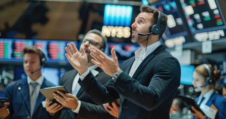 A group of business people in the stock exchange, wearing headsets and holding clipboards while cheering for an online trading platform on their computers