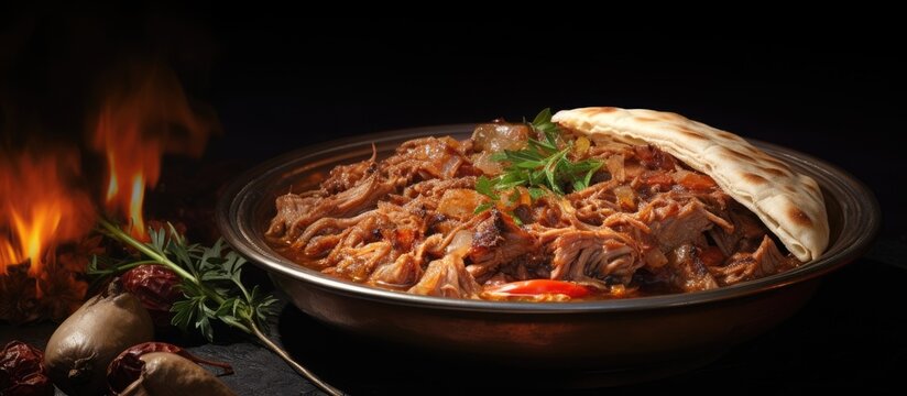 Close-up of bowl with pita bread and Meat Saute Turkish Et sote