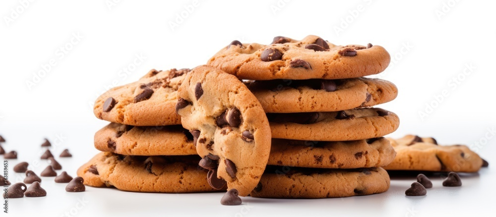 Wall mural A Close Up of Scattered Chocolate Chips with a Pile of Cookies