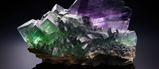 A close-up of a cluster of green and purple crystals