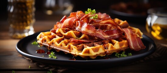A plate of syrup-drenched waffles with crispy bacon - obrazy, fototapety, plakaty