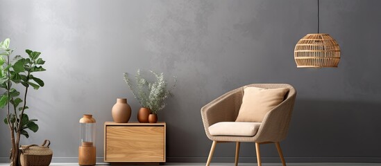 A gray room with a chair, table and plants - obrazy, fototapety, plakaty
