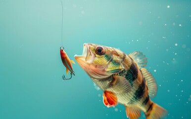 Fish is hooked on fishing line. - obrazy, fototapety, plakaty