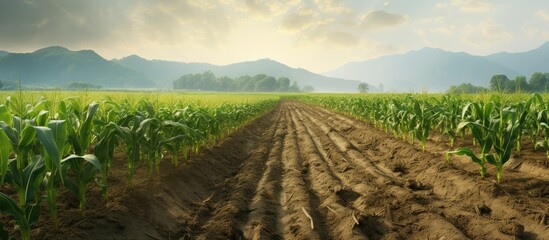A lush corn field with majestic mountains in the backdrop - obrazy, fototapety, plakaty