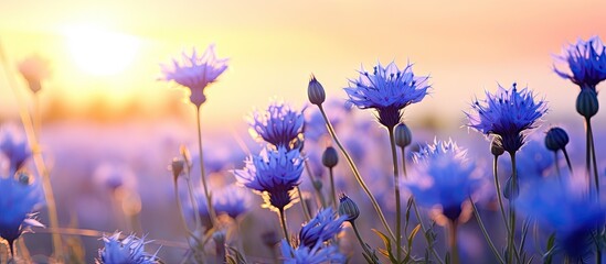 Purple wildflowers blooming as the sun sets