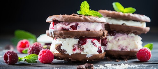 Three ice cream sandwiches with raspberries and mint leaves on a wooden table