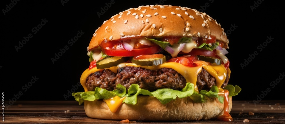 Canvas Prints A hamburger topped with cheese, lettuce, tomato, and onion