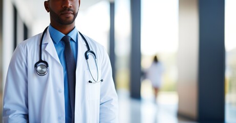 Mid-section of male doctor with stethoscope in hospital, space for text, blurred background