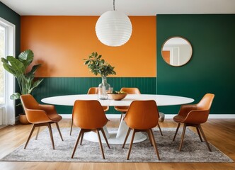 Orange leather chairs at round dining table against green wall. Scandinavian