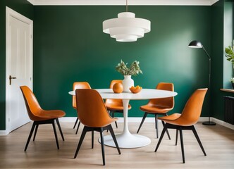 Orange leather chairs at round dining table against green wall. Scandinavian