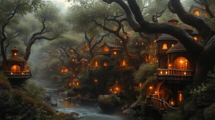 An enchanting village of treehouses is nestled within an ancient forest, illuminated by warm lights. This whimsical habitat blends the charm of rustic living with the magic of a fairy tale. - obrazy, fototapety, plakaty