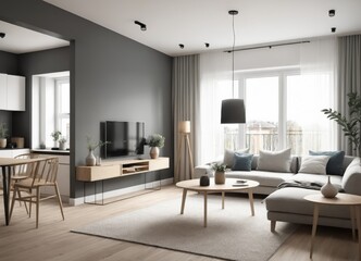 Interior design of modern scandinavian apartment, living room 