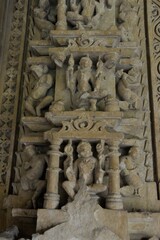 Fototapeta na wymiar Ancient stone carvings at UNESCO World Heritage site, Khajuraho temples, Madhya Pradesh, India.