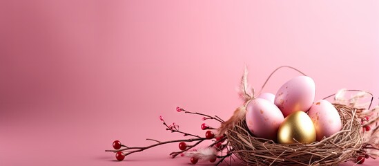 Nest with Eggs and Flowers on Pink Background