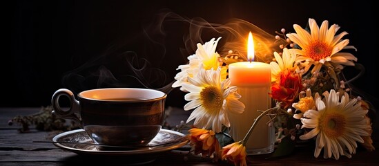 Obraz na płótnie Canvas A cup and candle on a table