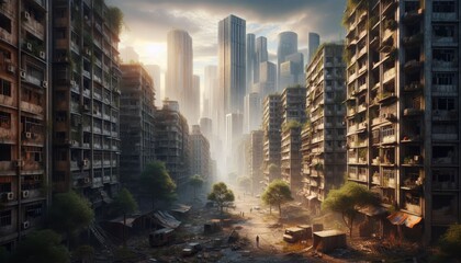 An eerie view of a destroyed abandoned desert city overgrown with plants. Consequences of radiation - obrazy, fototapety, plakaty