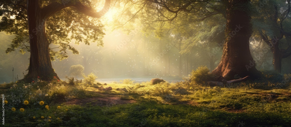Poster sunlight filtering through trees in a forest