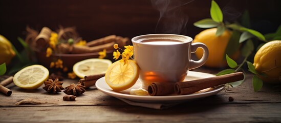 A cup of tea with lemon slices and cinnamon on a plate