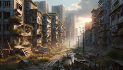 An eerie view of a destroyed abandoned desert city overgrown with plants. Consequences of radiation, environmental disaster - obrazy, fototapety, plakaty