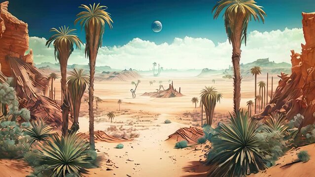 10,000 BC desertic background characterized by arid conditions and vast stretches of sandy terrain. Animals such as camels, snakes, and lizards would have been well-adapted to this harsh environment.