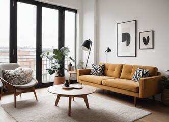 Cozy sofa in studio apartment in penthouse. Scandinavian, mid century home interior