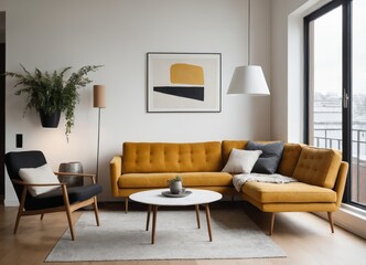 Cozy sofa in studio apartment in penthouse. Scandinavian, mid century home interior