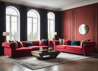 Crimson velvet sofa with many pillows. 