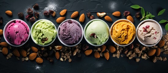 Different ice creams in bowls with assorted nuts and mint