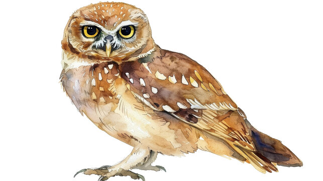 Isolated Watercolor Woodland Cute Owl on isolated white background. PNG Format