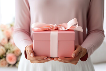 A woman holds a beautifully wrapped gift box. The focus on the gift symbolizes appreciation, thoughtfulness, love and care. Concept Happy Mother's Day or Happy women's day, Valentine's day.